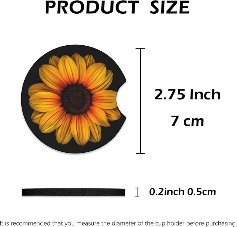 KARREAL 2 Pcs Car Cup Coasters, Sunflower Universal Non-Slip Rubber Car Coasters for Cup Holders 2.75 inch, Car Interior Accessories for Women - Image 3